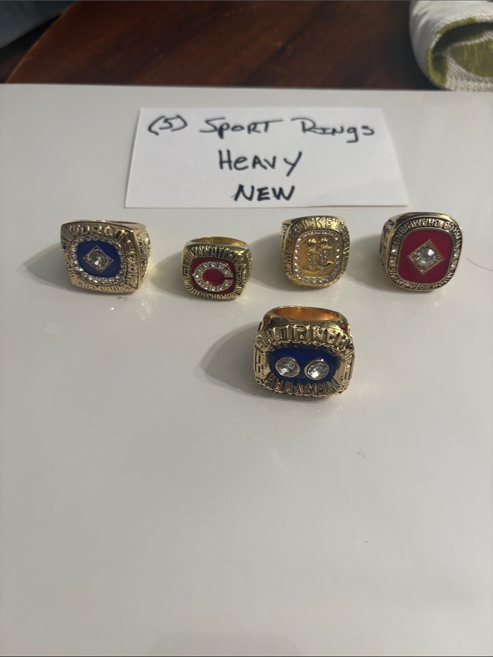 Gold Tone Vintage Style Sports Rings - Red & Blue Accents